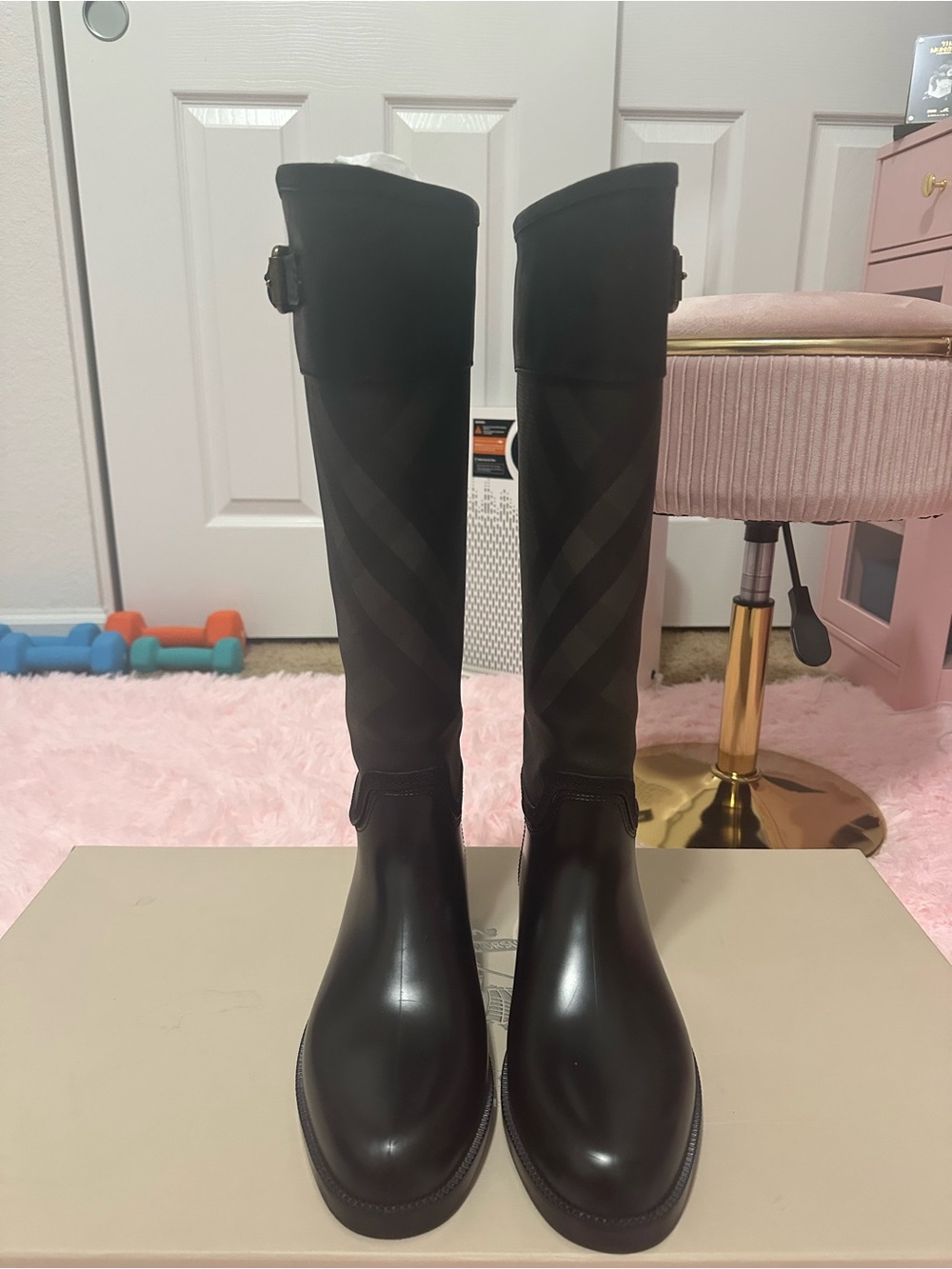 Burberry Black Over-The-Knee Boots with Tonal Check Panel
